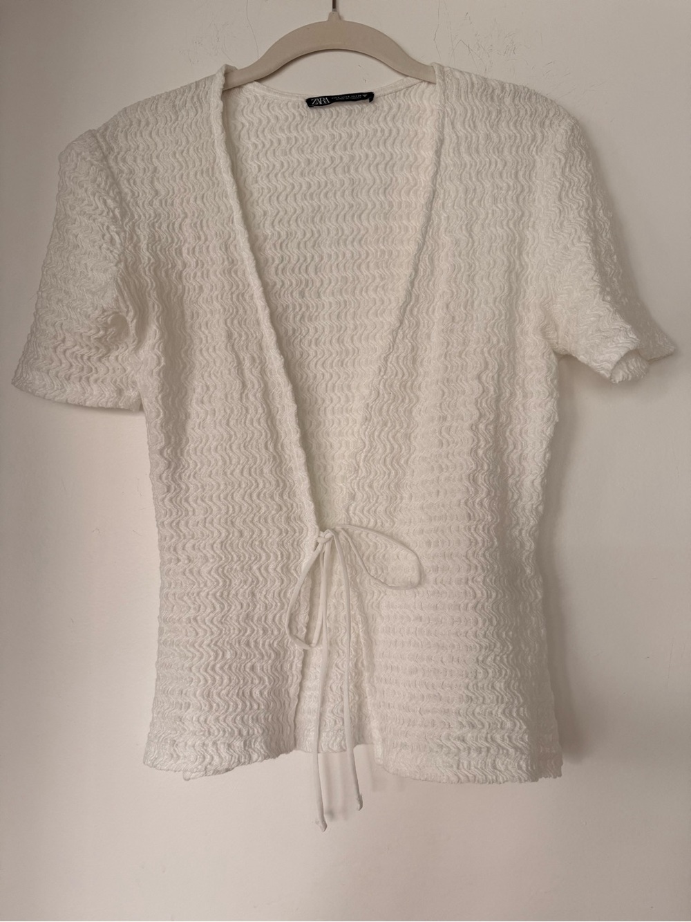 Zara White Textured Tie-Front Short Sleeve Top